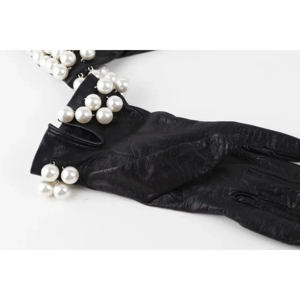 Tally B. Vintage Black Leather Triple Pearl Bead Fringe Gloves Silk Lined Size 8
